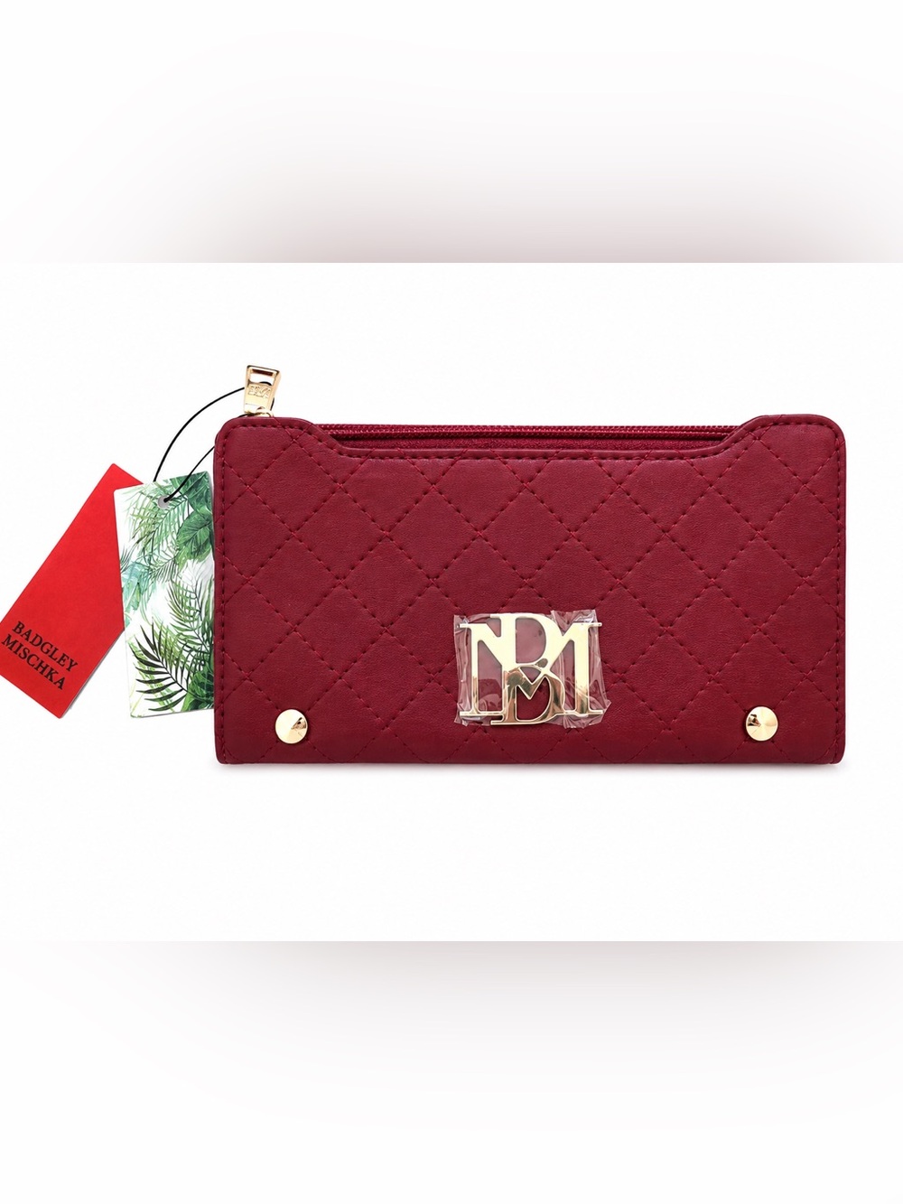 Badgley Mischka Quilted Burgundy Wallet Set with Gold Hardware